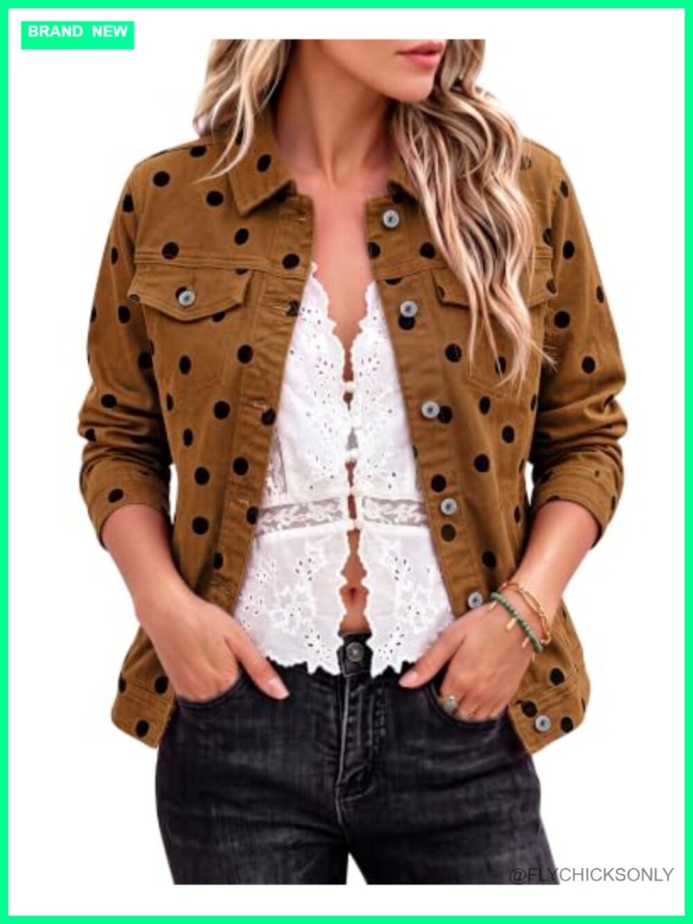 Women's Polka Dot Stretch Denim Jean Jacket Button Down Pockets Casual